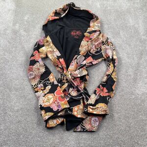 Lucky Brand Womens Small Floral Hooded Wrap Jacket Black Orange Cotton RN 80318